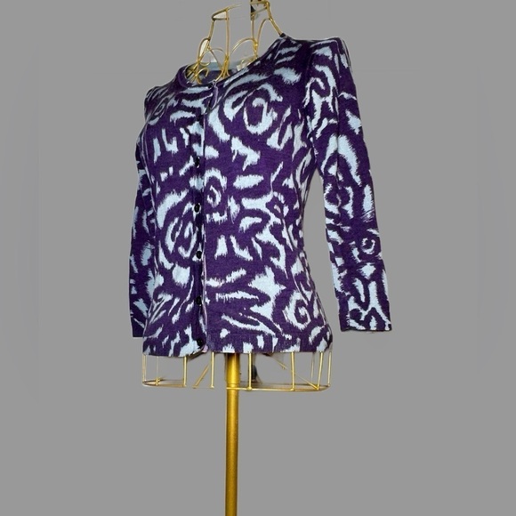Boden 100% Wool Button-Up Cardigan in Purple & Blue Swirls w/ Suede Placket, 6 - Picture 1 of 16